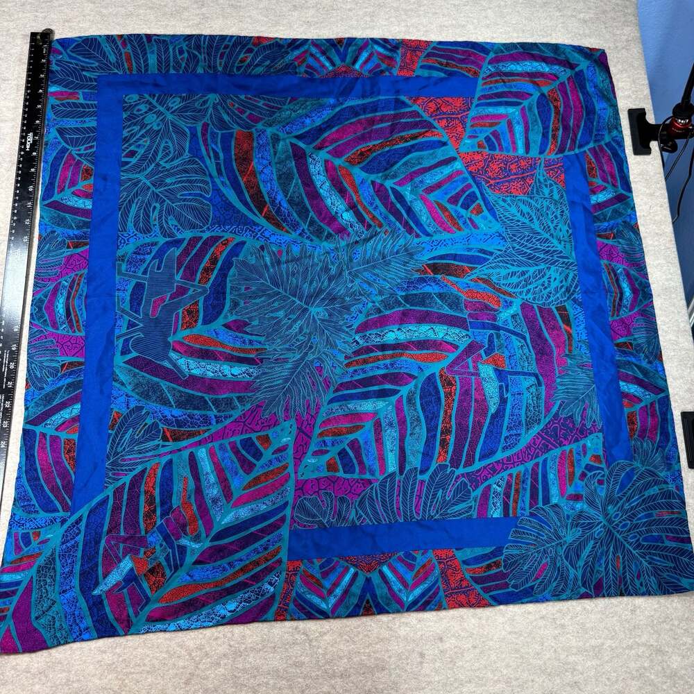 Pineda Covalin Silk Scarf Tropical Leaf Blue Purple 33” Square Boho Cottagecore